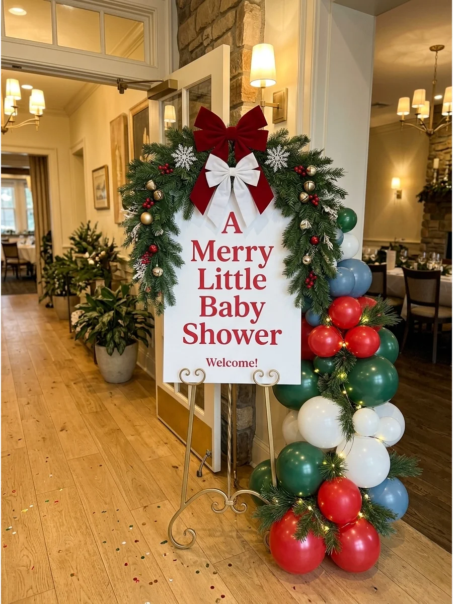 A personalized baby shower welcome sign with red bows and pine.