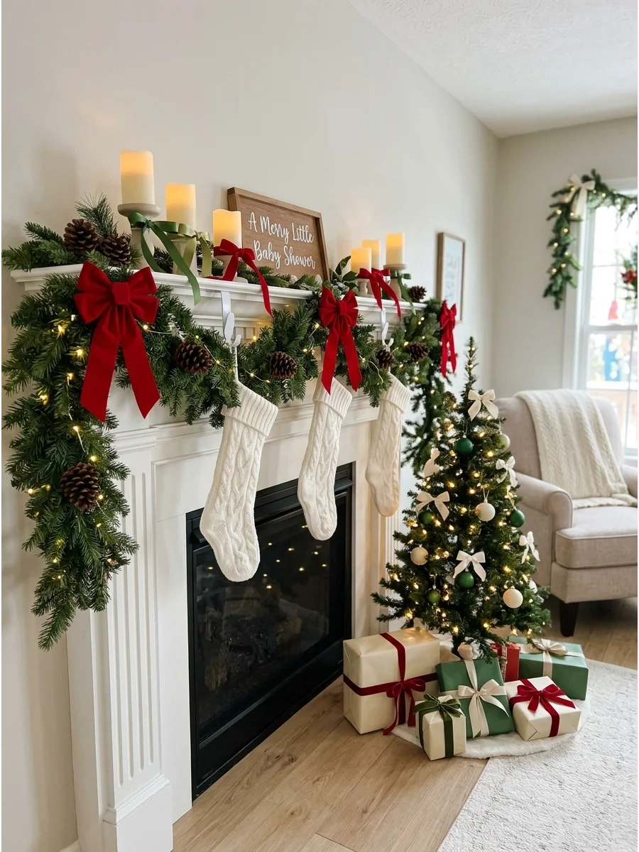 A decorated fireplace mantel with evergreen garland and baby stockings.