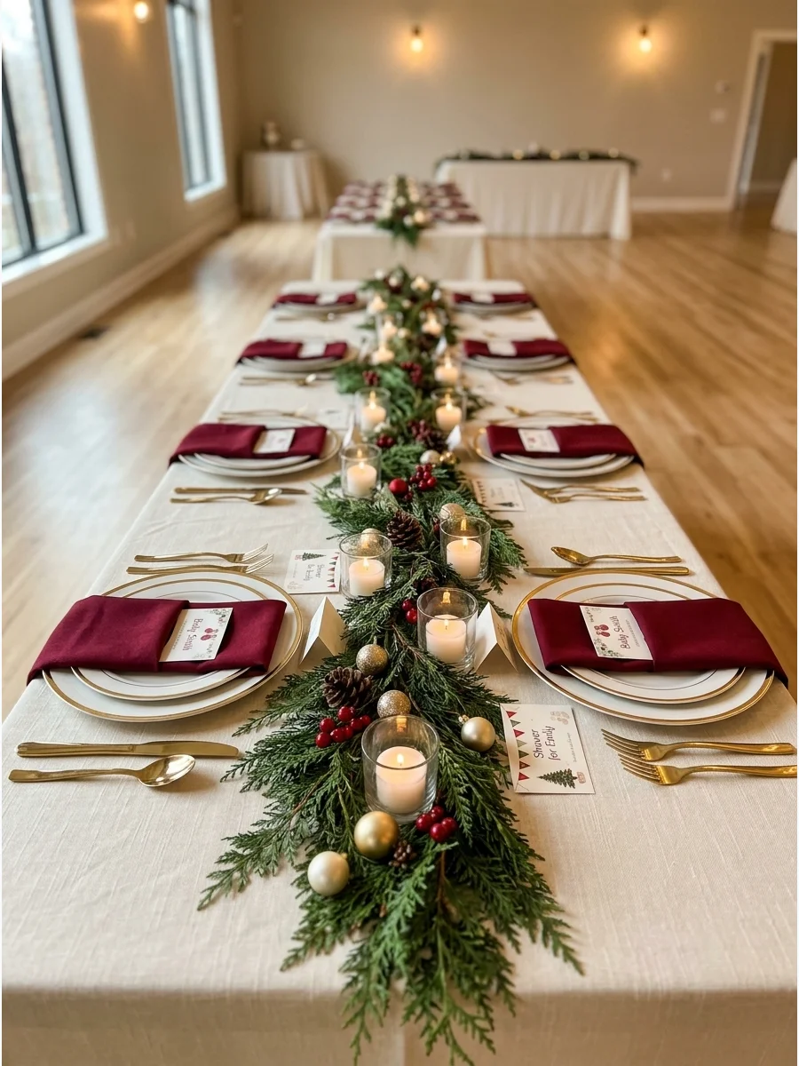 A festive table setting with green runners and burgundy napkins.
