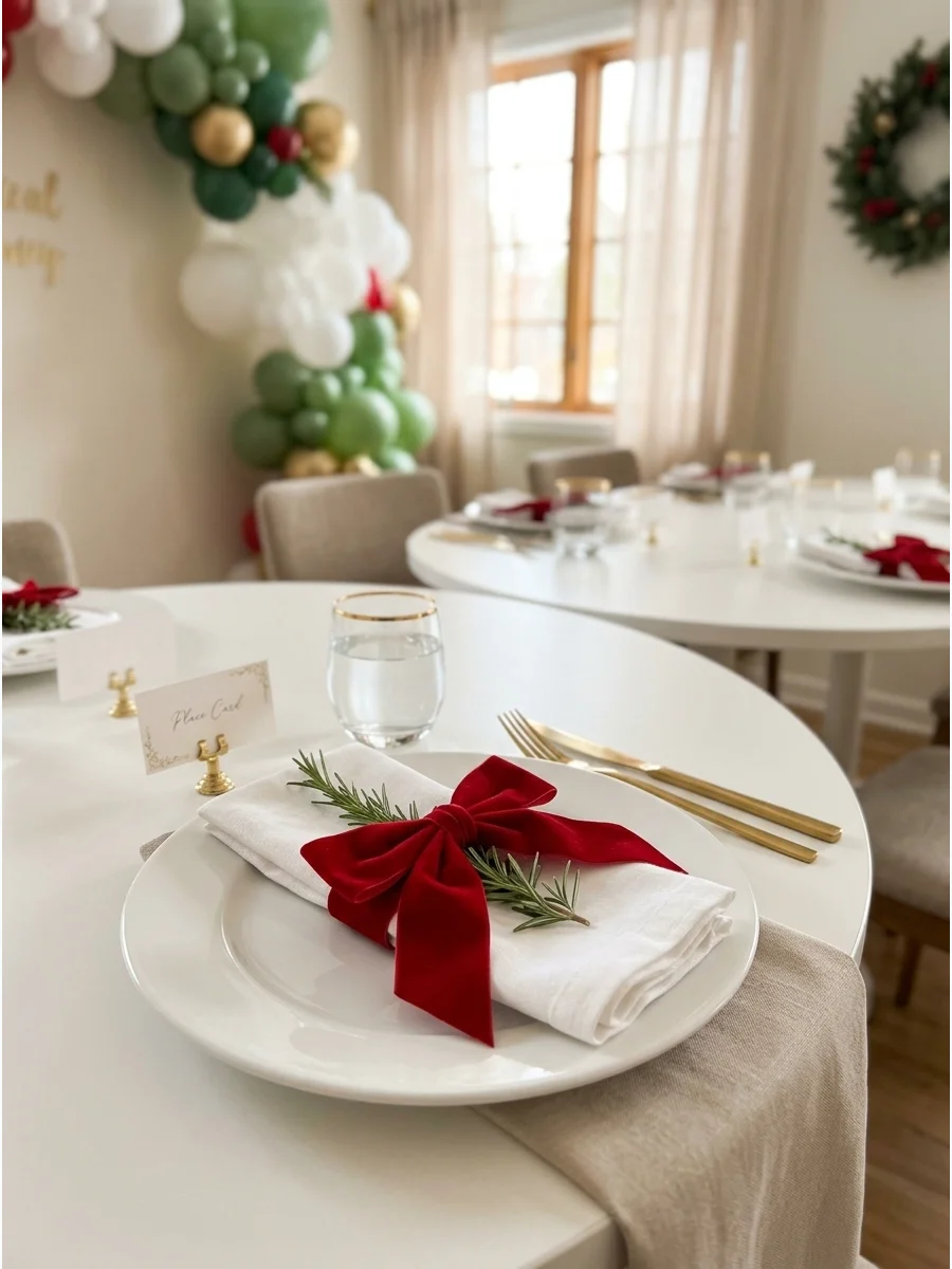 A white plate with a red velvet bow and rosemary sprig.