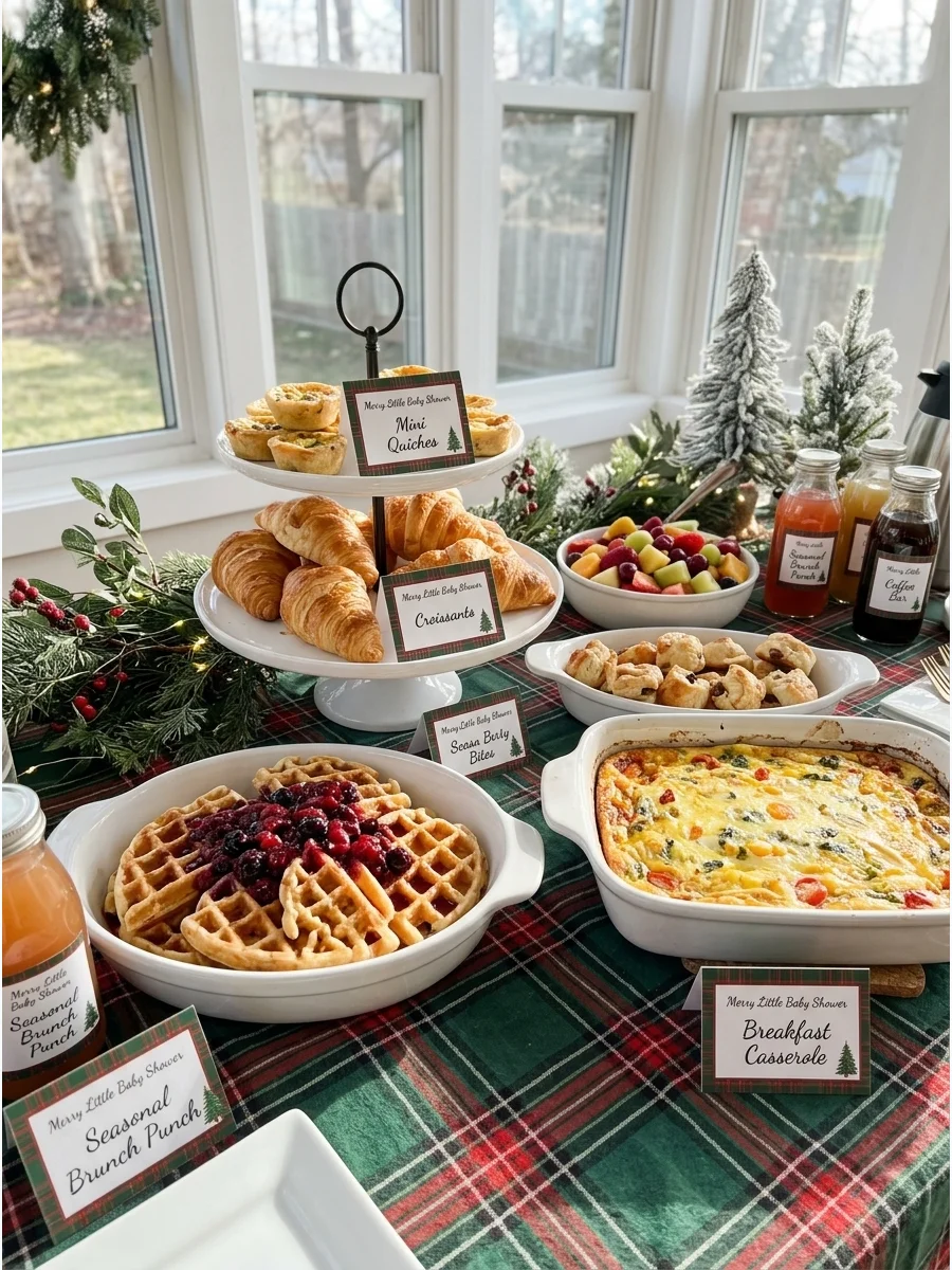 A holiday brunch buffet with plaid linens and tiered pastry stands.