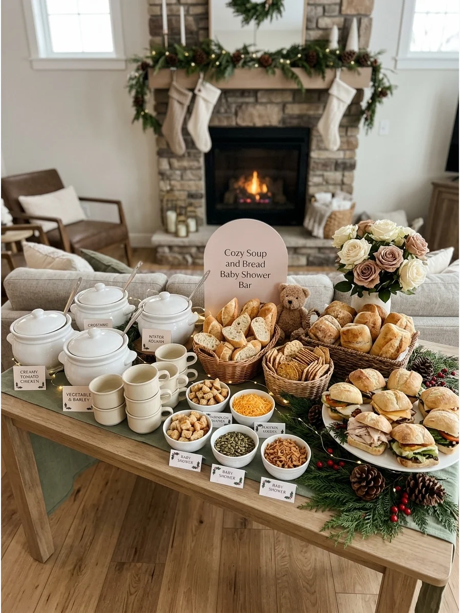A soup and bread bar with white crocks and bread baskets.