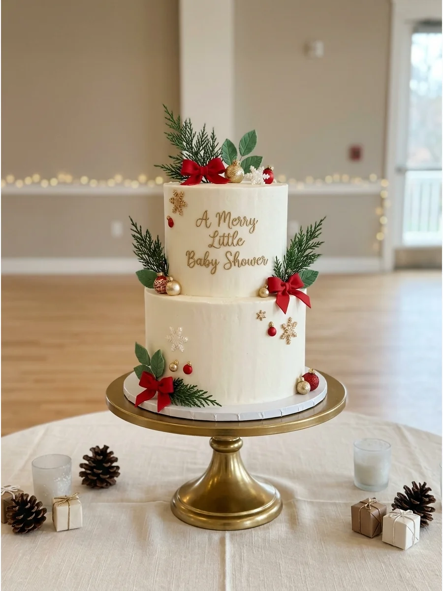 A white tiered cake with red bows and a gold topper.