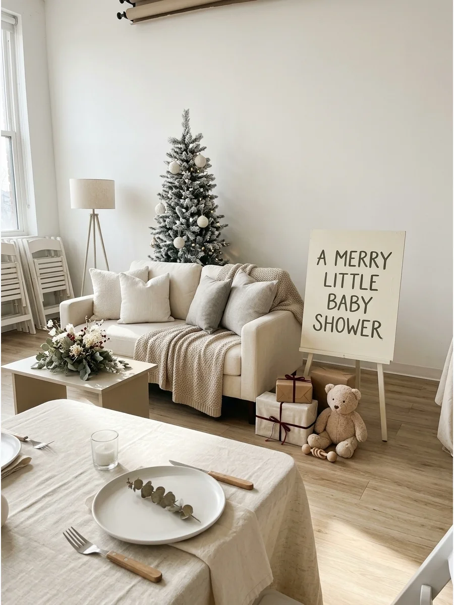 A neutral baby shower setup with cream knits and a frosted tree.