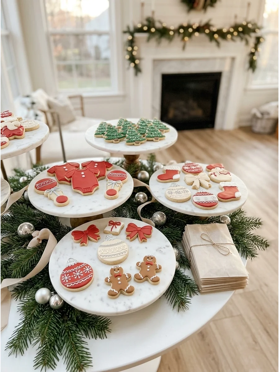 Decorated sugar cookies in baby and holiday shapes on marble platters.