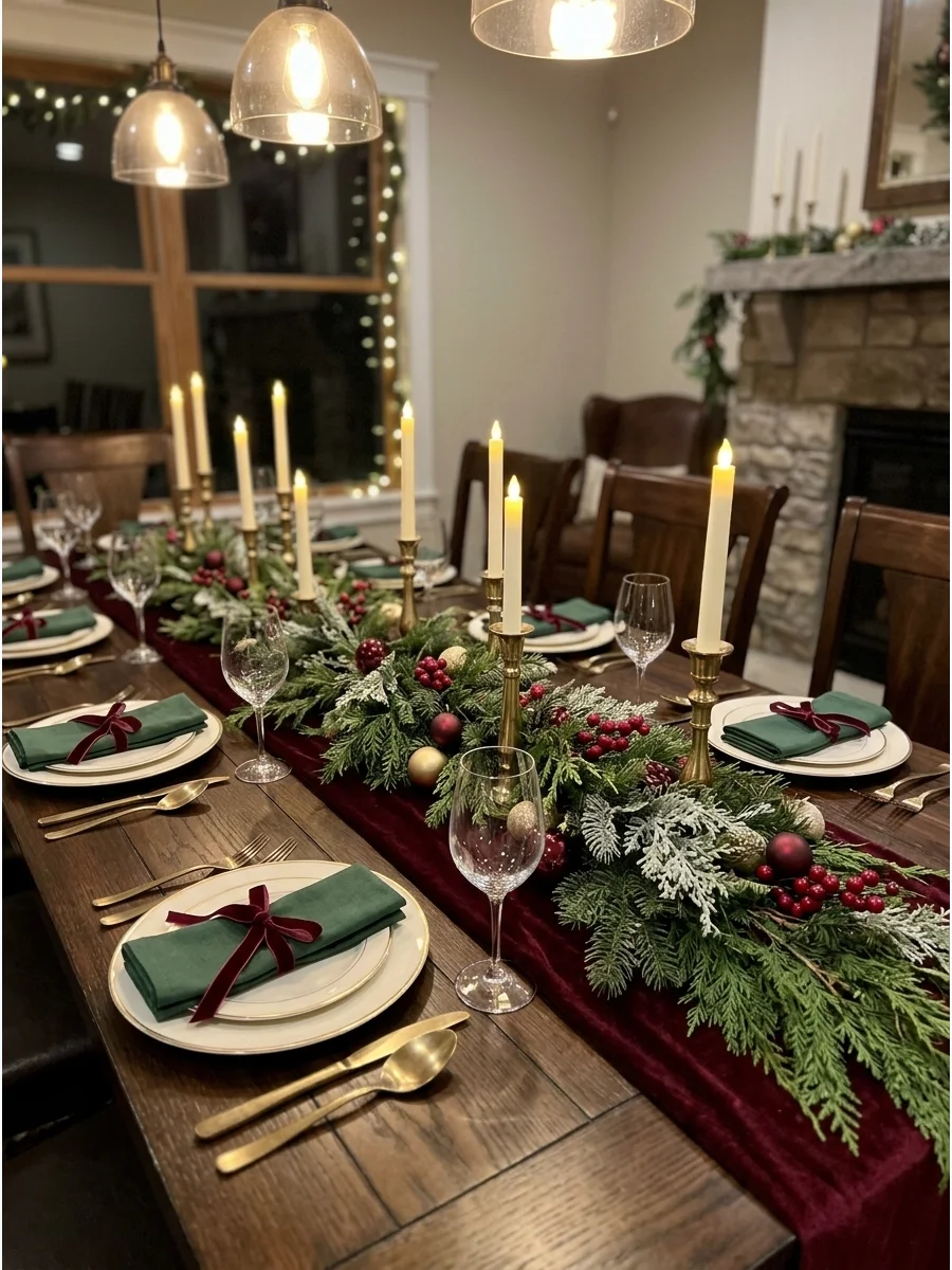 A sophisticated table setting with burgundy runners and cedar garlands.