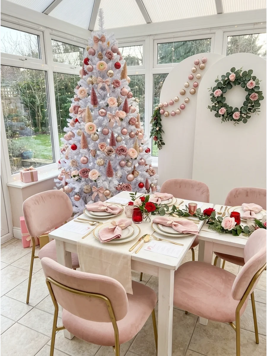 A bright sunroom decorated with pink ornaments and a white tree.
