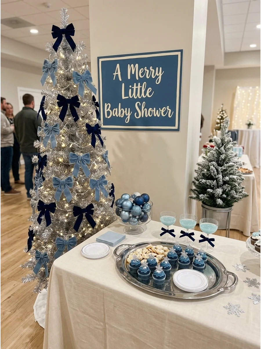 A silver Christmas tree with blue bows and a festive sign.