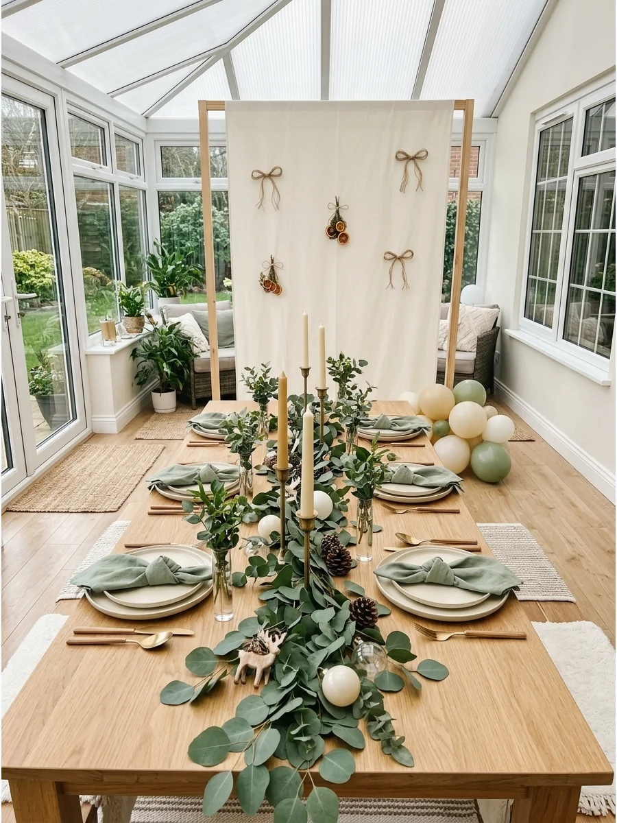 A natural table setting with sage green napkins and eucalyptus.
