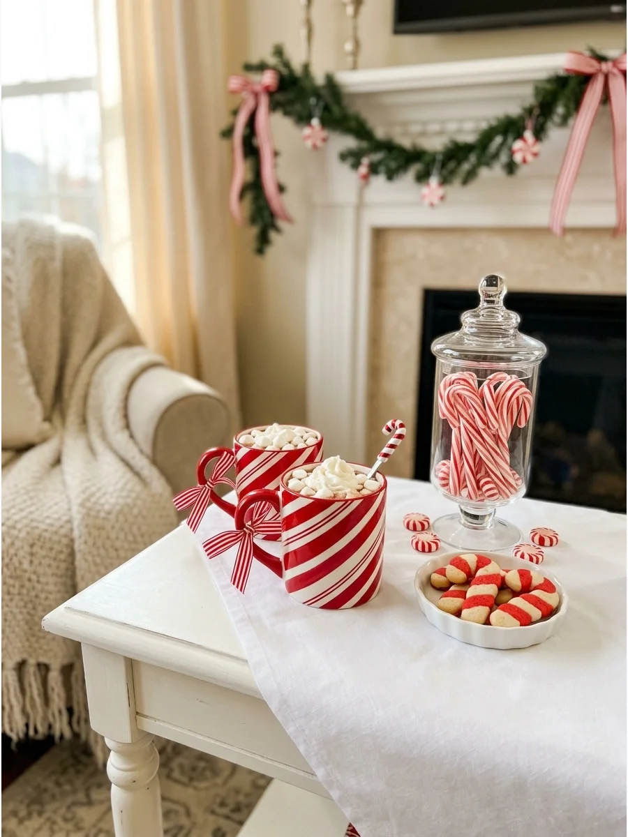 A hot cocoa station with red and white striped mugs and peppermint.