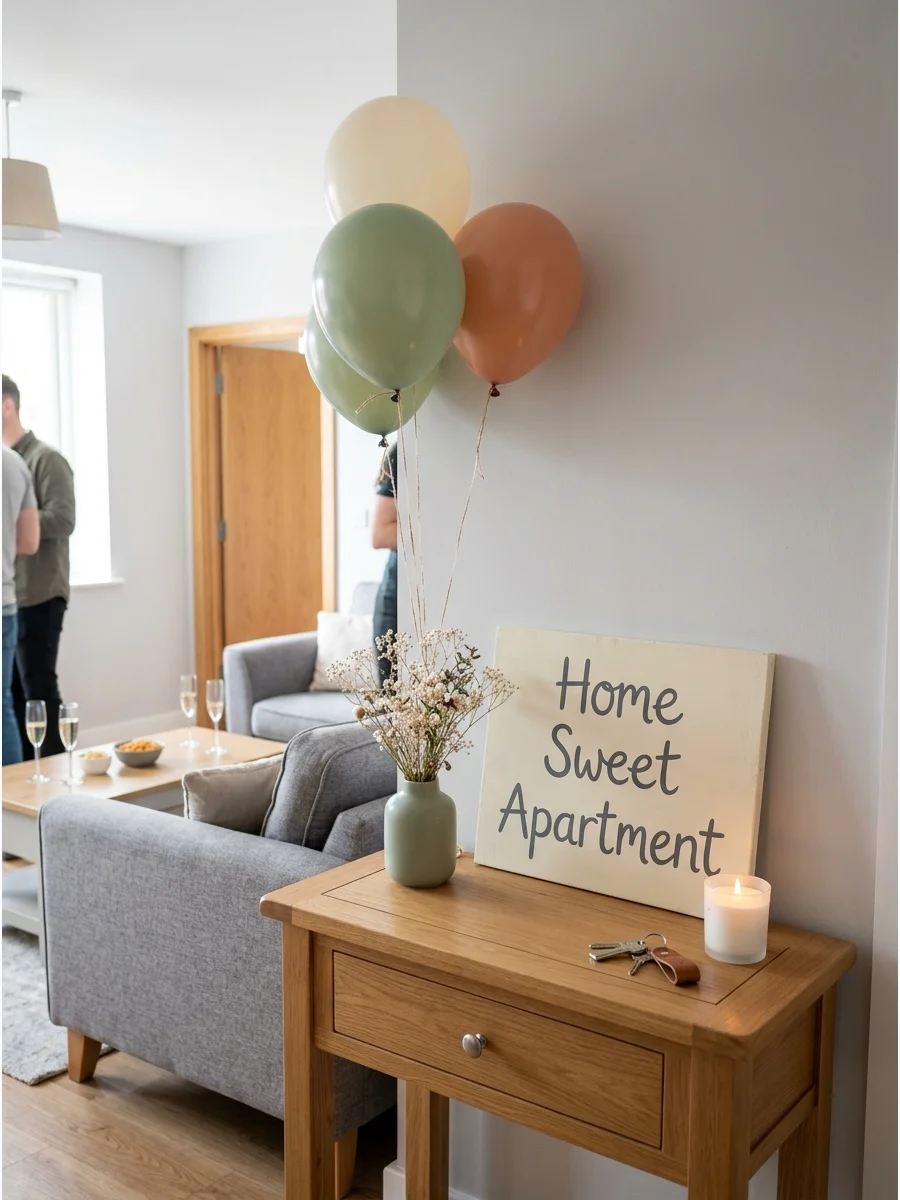 A minimal welcome sign and green flowers on a wooden table in an apartment.