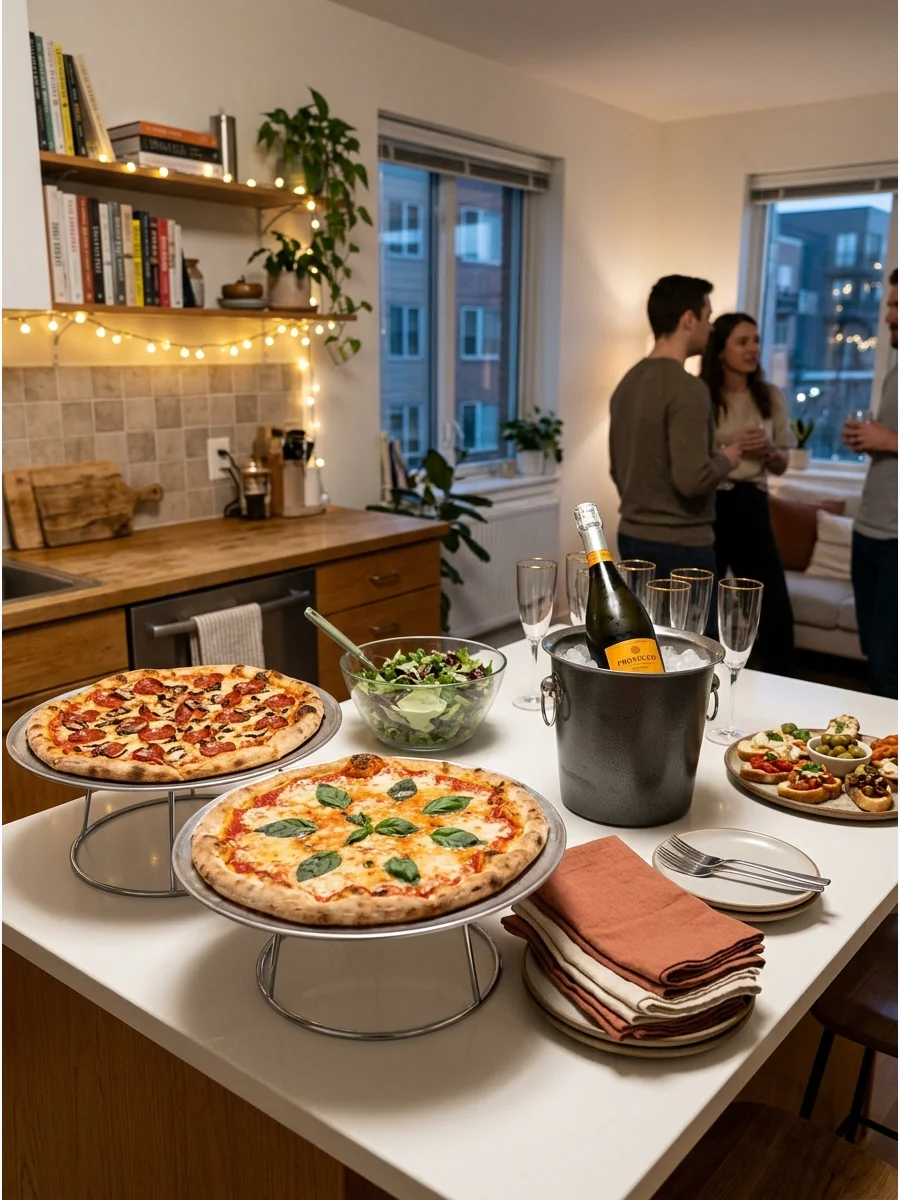 Pizzas on elevated stands next to chilled wine on an apartment counter.