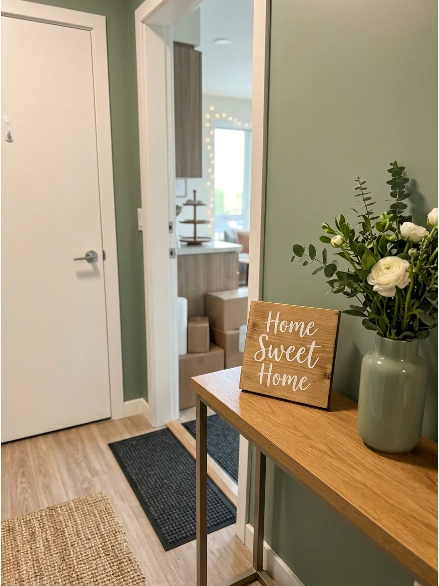 A Home Sweet Apartment sign on a wooden table with a green vase.