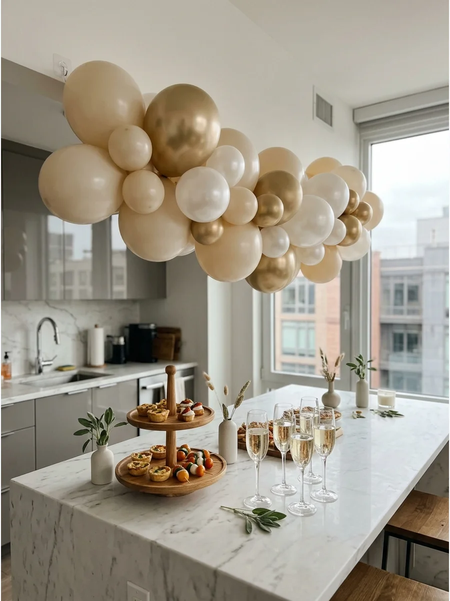 Cream and gold balloons draped over a modern kitchen island.