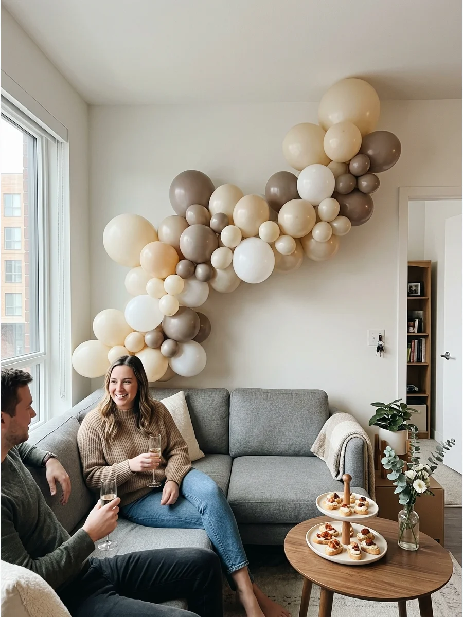 Neutral colored balloons arranged on a wall in a living room.