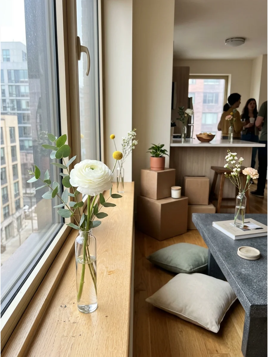 A simple bud vase with a white flower on a window ledge.