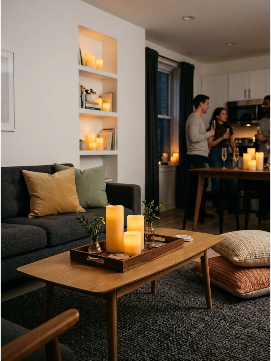 LED pillar candles on a wooden tray in a cozy living room.