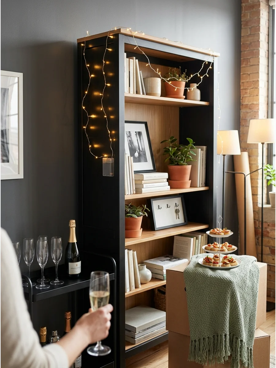 String lights glowing on a bookshelf in an urban apartment.