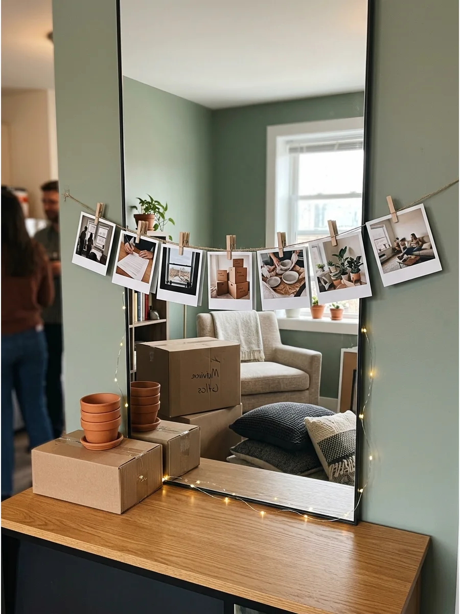 Photos clipped to a string across a mirror in a small apartment.