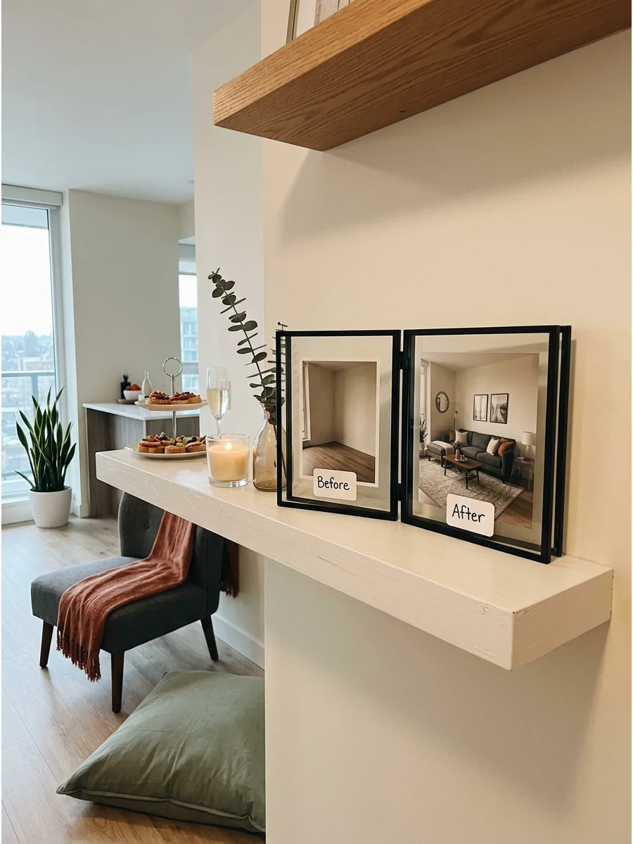 A double frame with before and after photos of an apartment room.