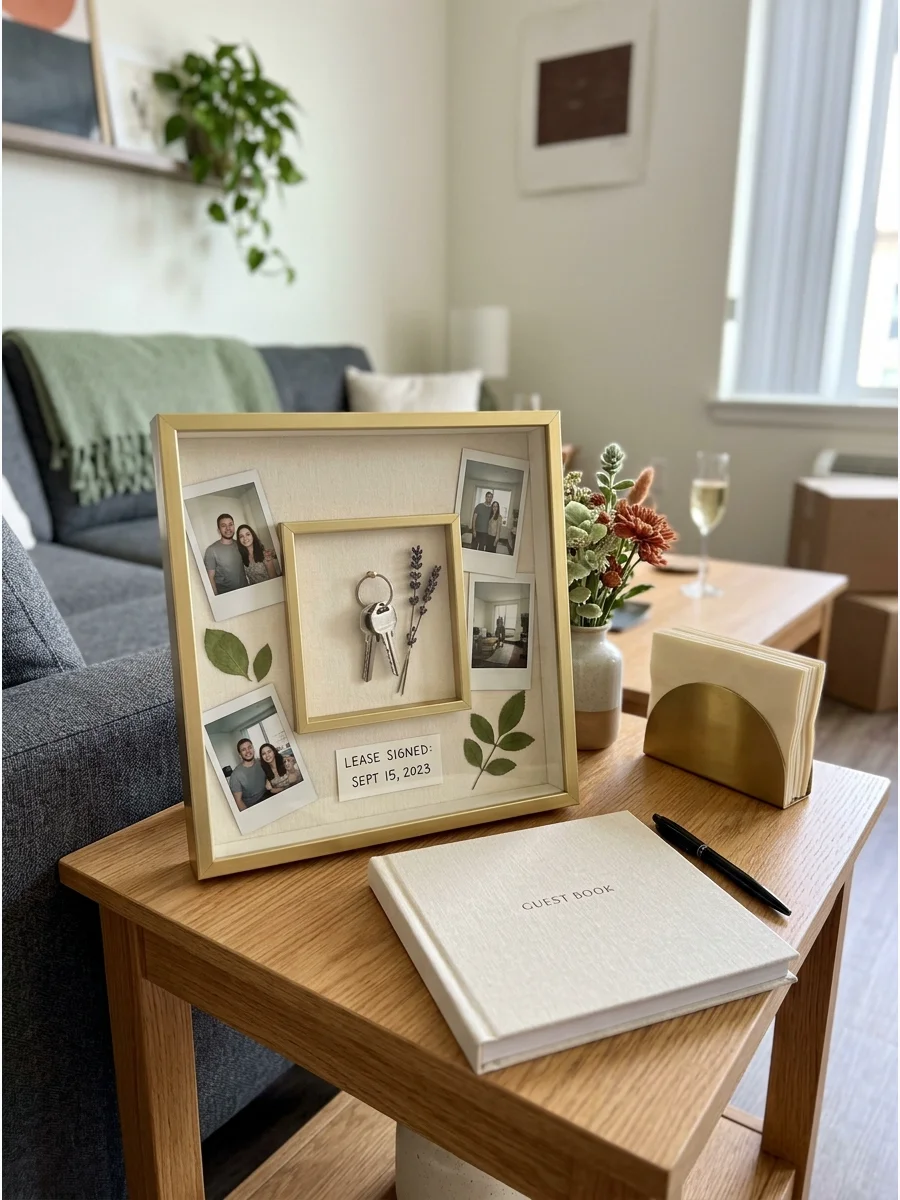 A decorative shadow box containing apartment keys and lavender.