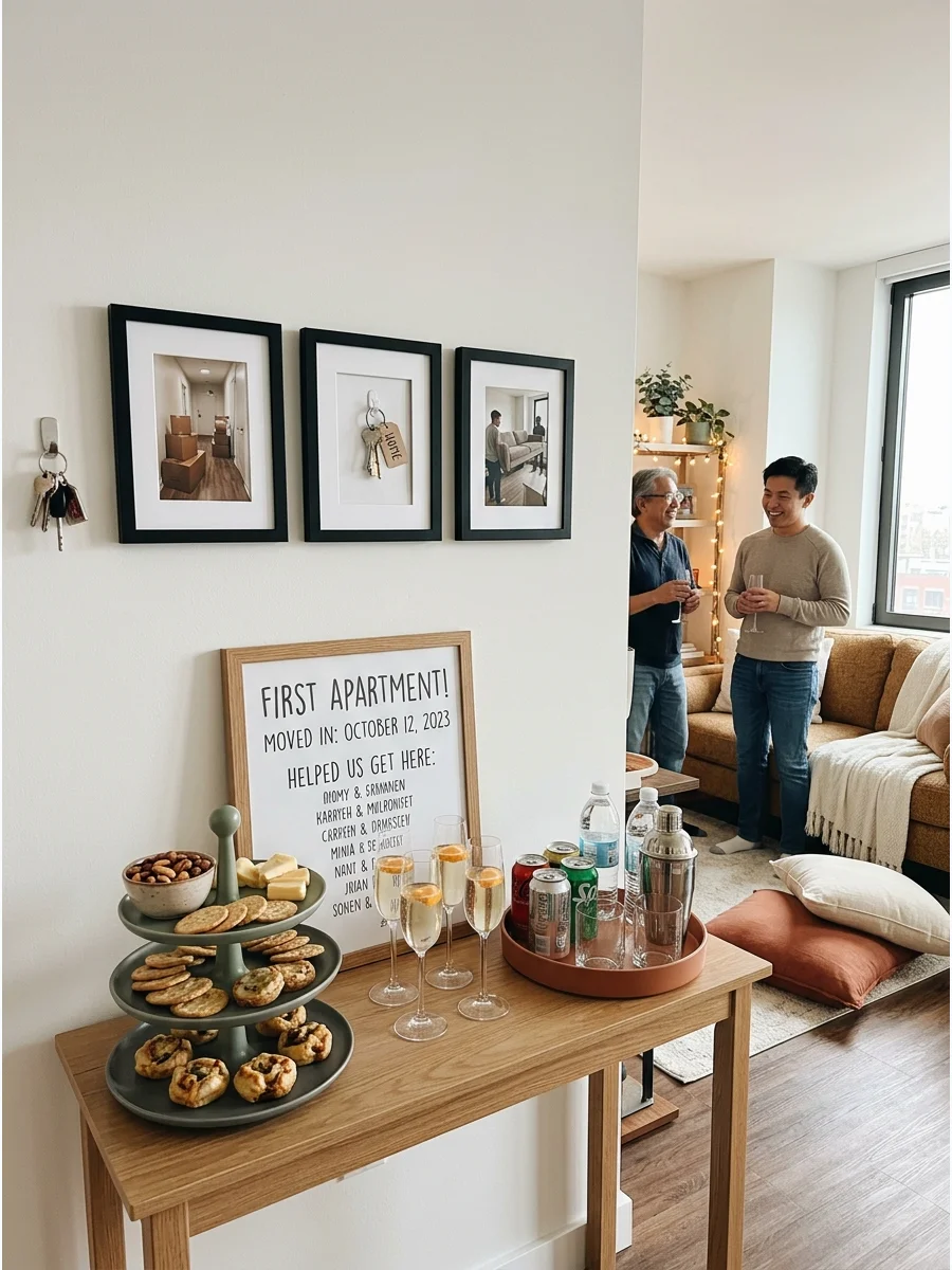 Framed photos of a move-in day hanging on a white apartment wall.