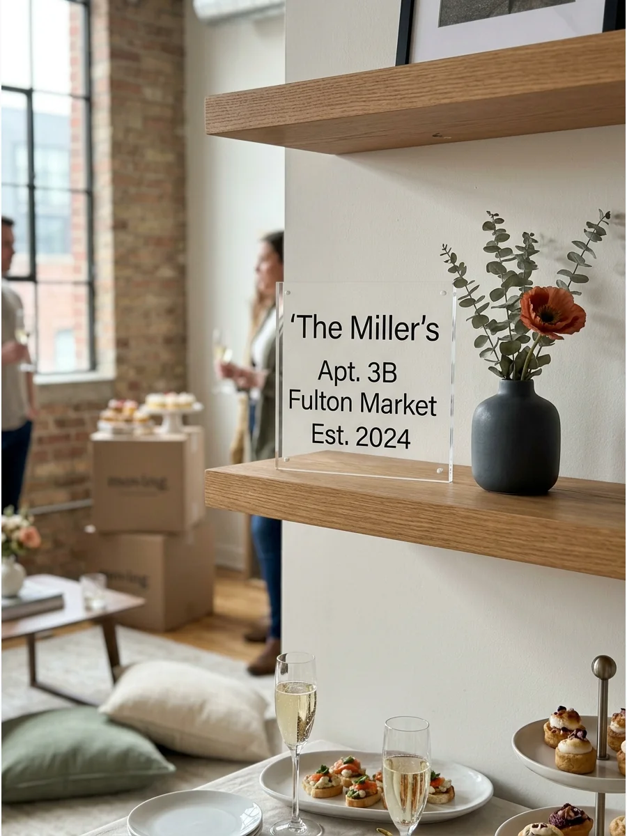 A custom acrylic sign with an apartment number on a modern shelf.