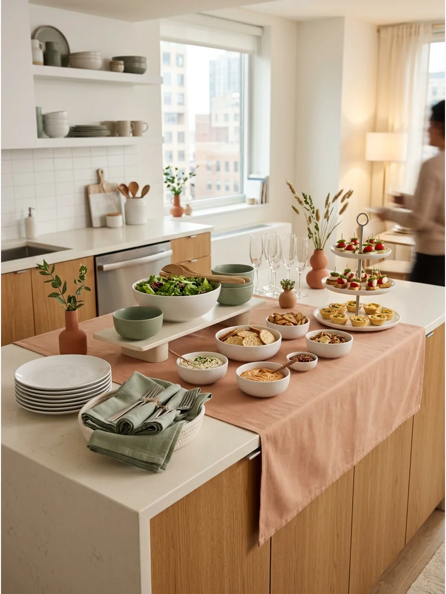 A kitchen island set up with a buffet of food and plates for a party.