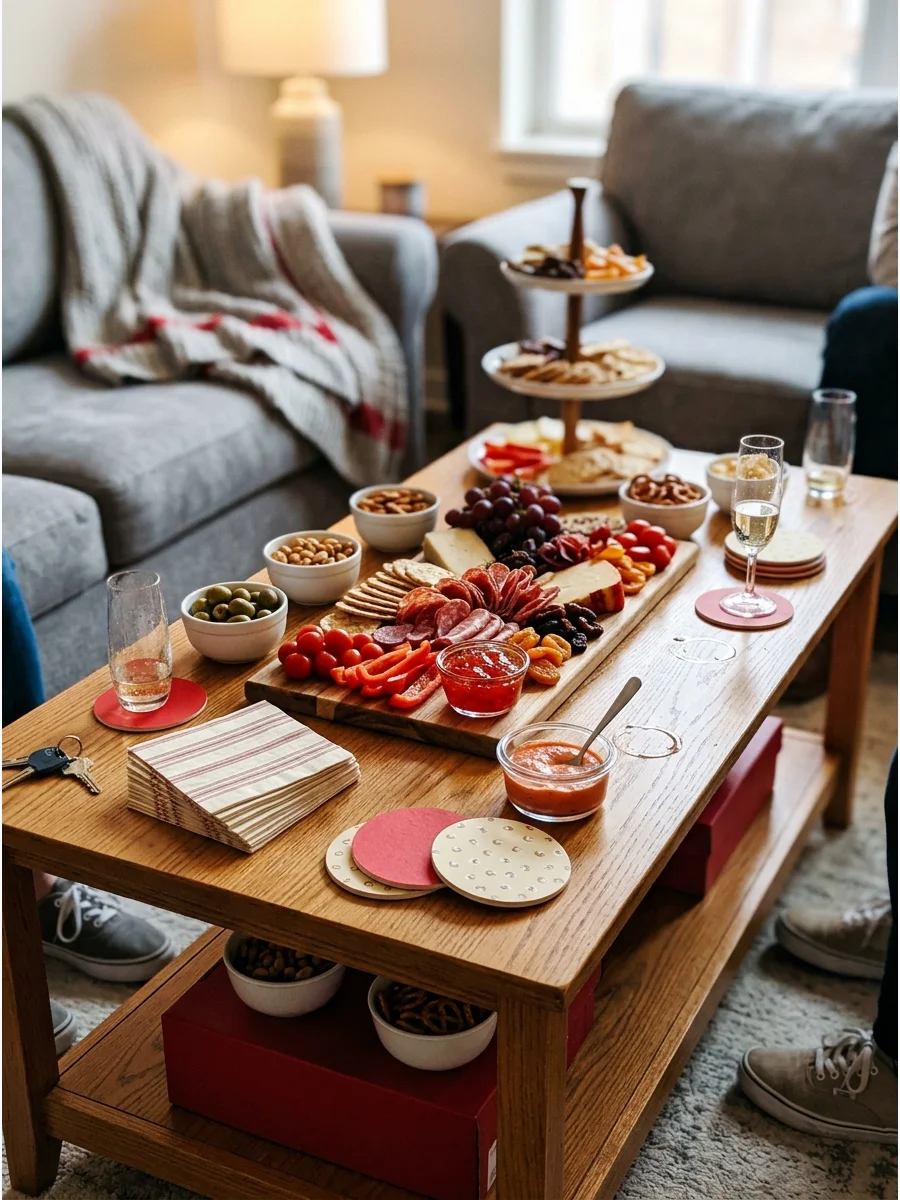 A coffee table styled with snacks and napkins for guests.
