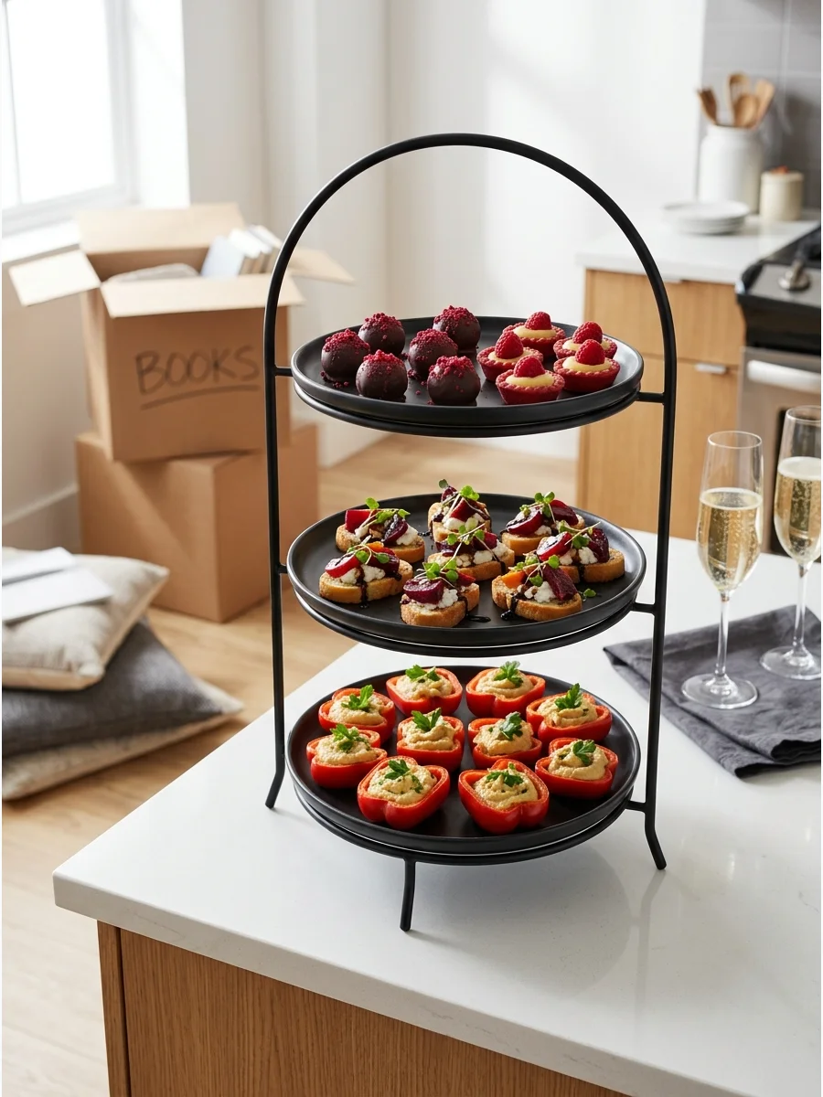 A vertical tiered stand holding party food on a kitchen counter.