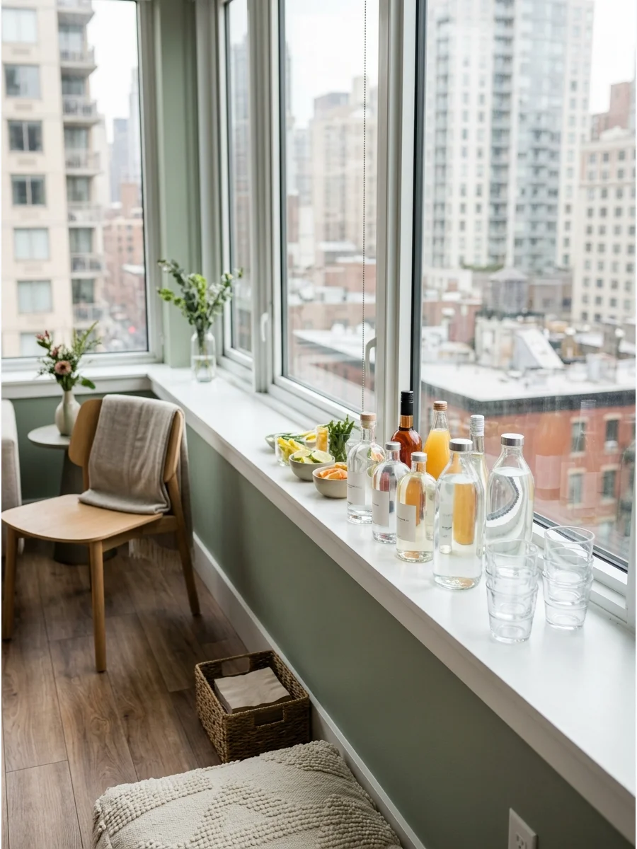 Bottled drinks and glasses arranged on a window sill.