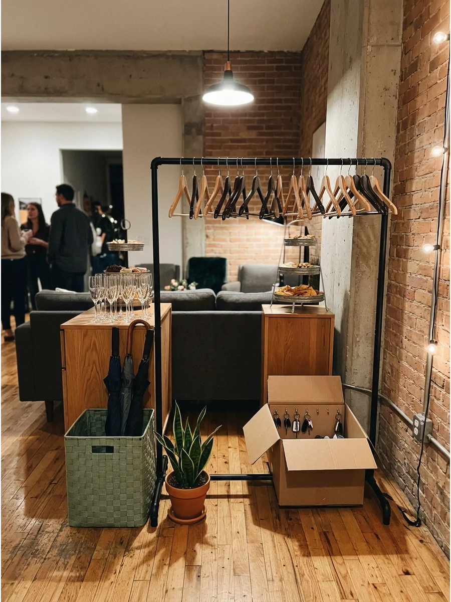 A portable coat rack in an apartment entryway.