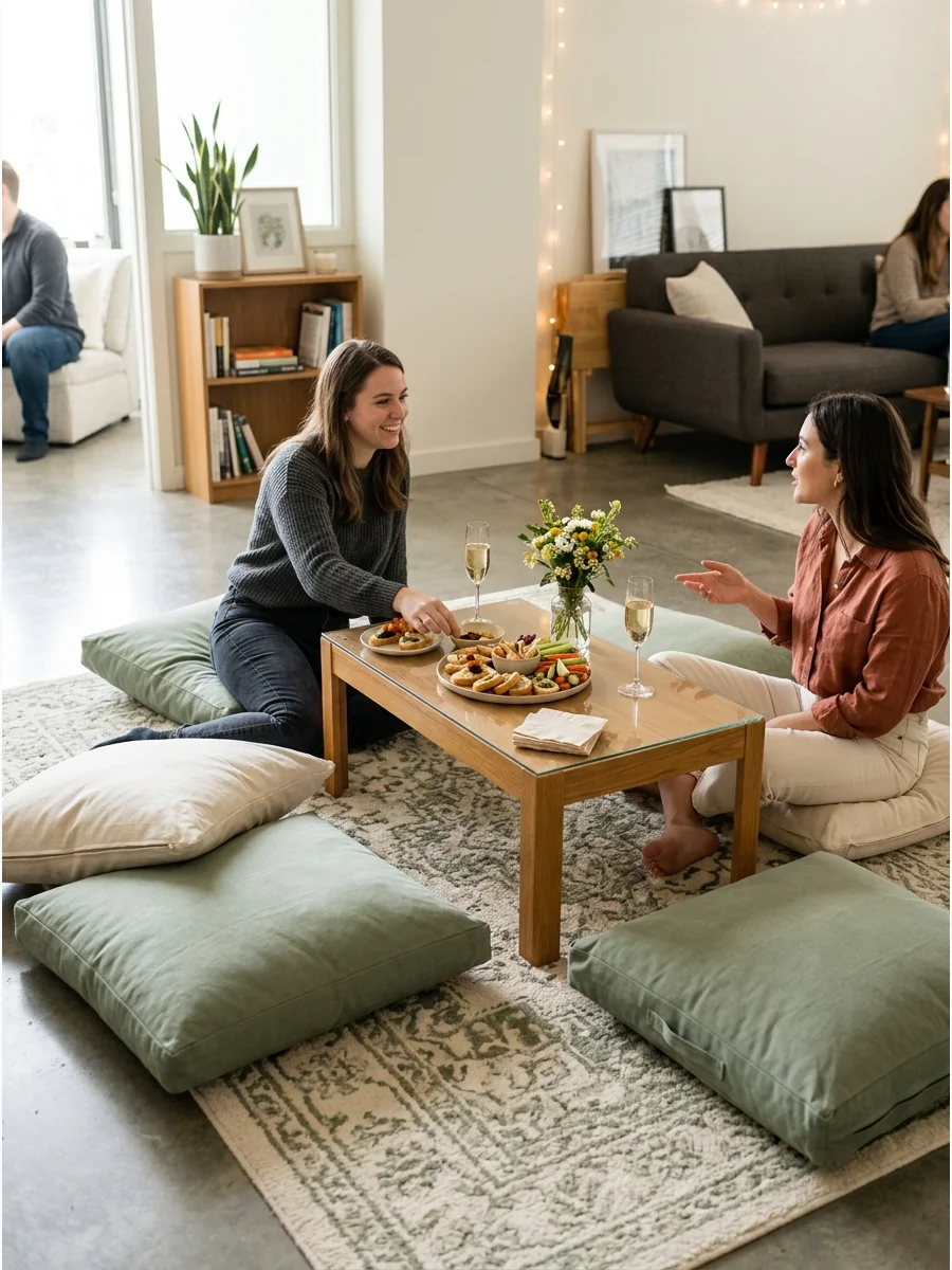 Comfortable floor cushions arranged for extra seating in a living room.