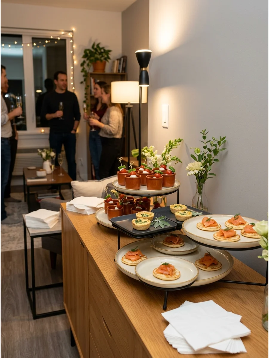 An open floor plan set up for a standing cocktail party.