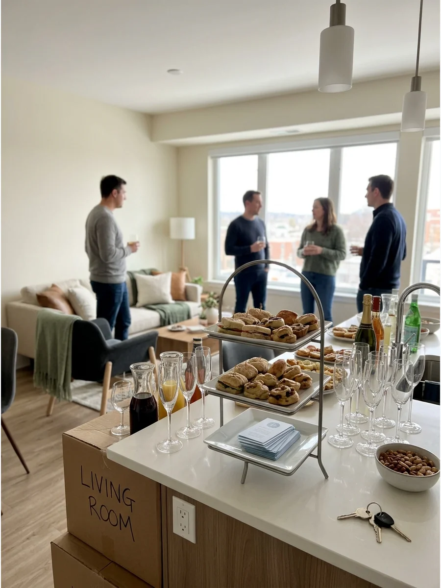 A small group of people socializing in a bright condo.