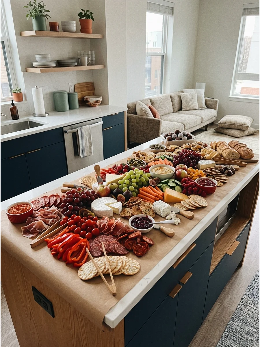 A large grazing table spread across a kitchen island.