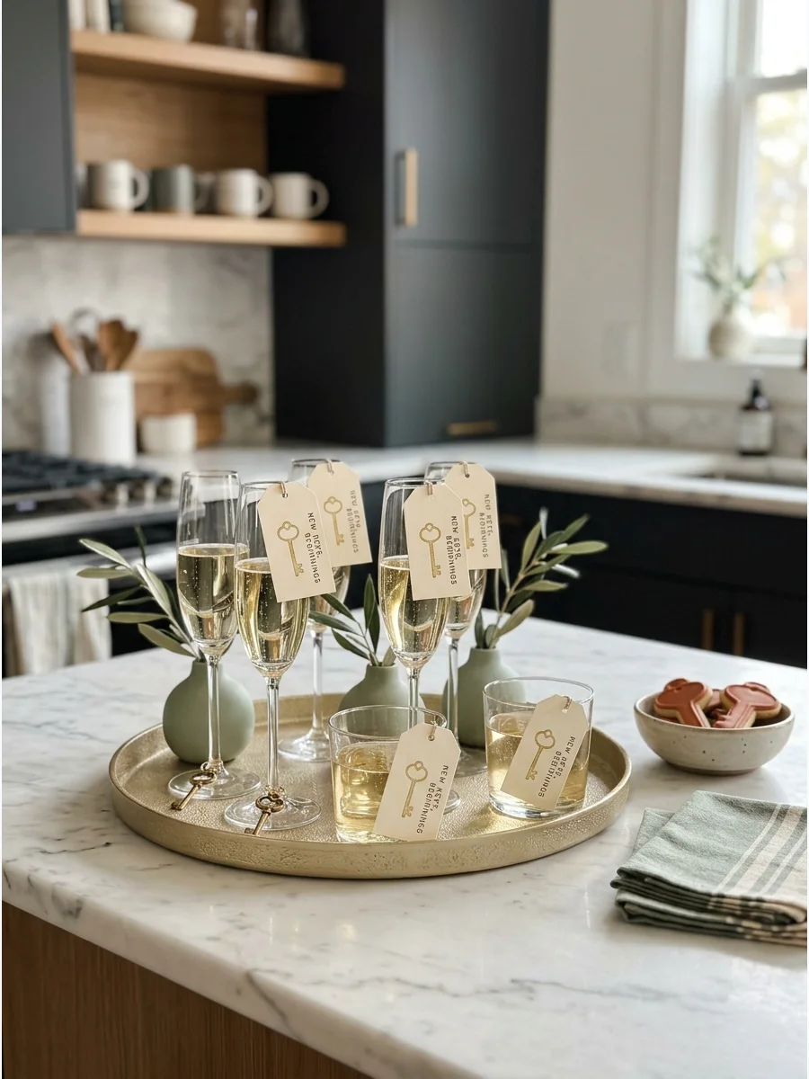 Cocktail glasses with decorative key tags sitting on a kitchen island.