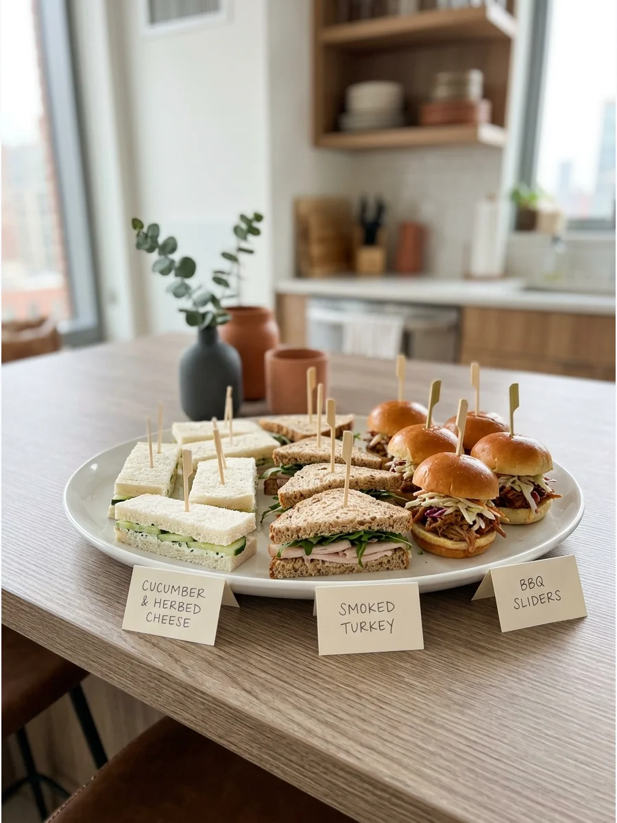 A platter of mini sandwiches and sliders for a party.