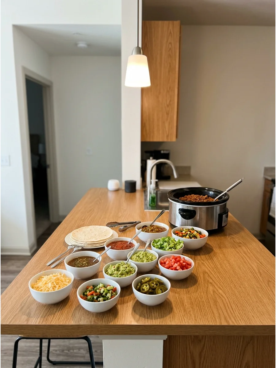 A taco bar on a kitchen island with bowls of salsa and meat.