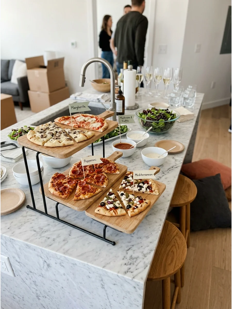 Sliced flatbreads on tiered stands in an apartment kitchen.