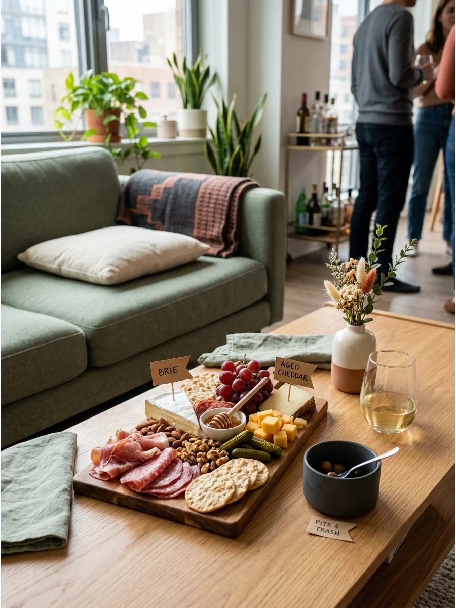 A small charcuterie board on a coffee table in a living room.