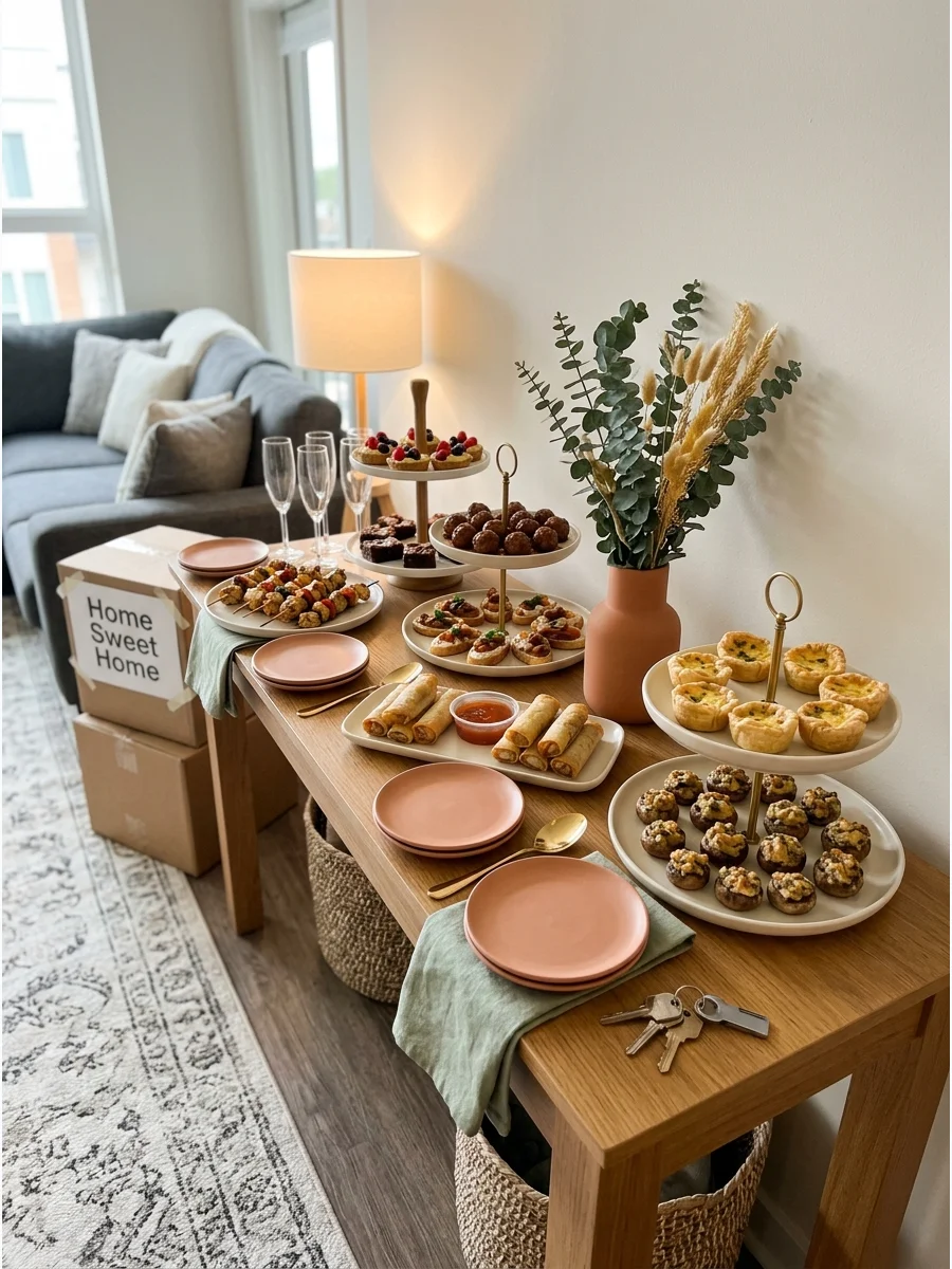 A finger food buffet on a narrow console table in an apartment.