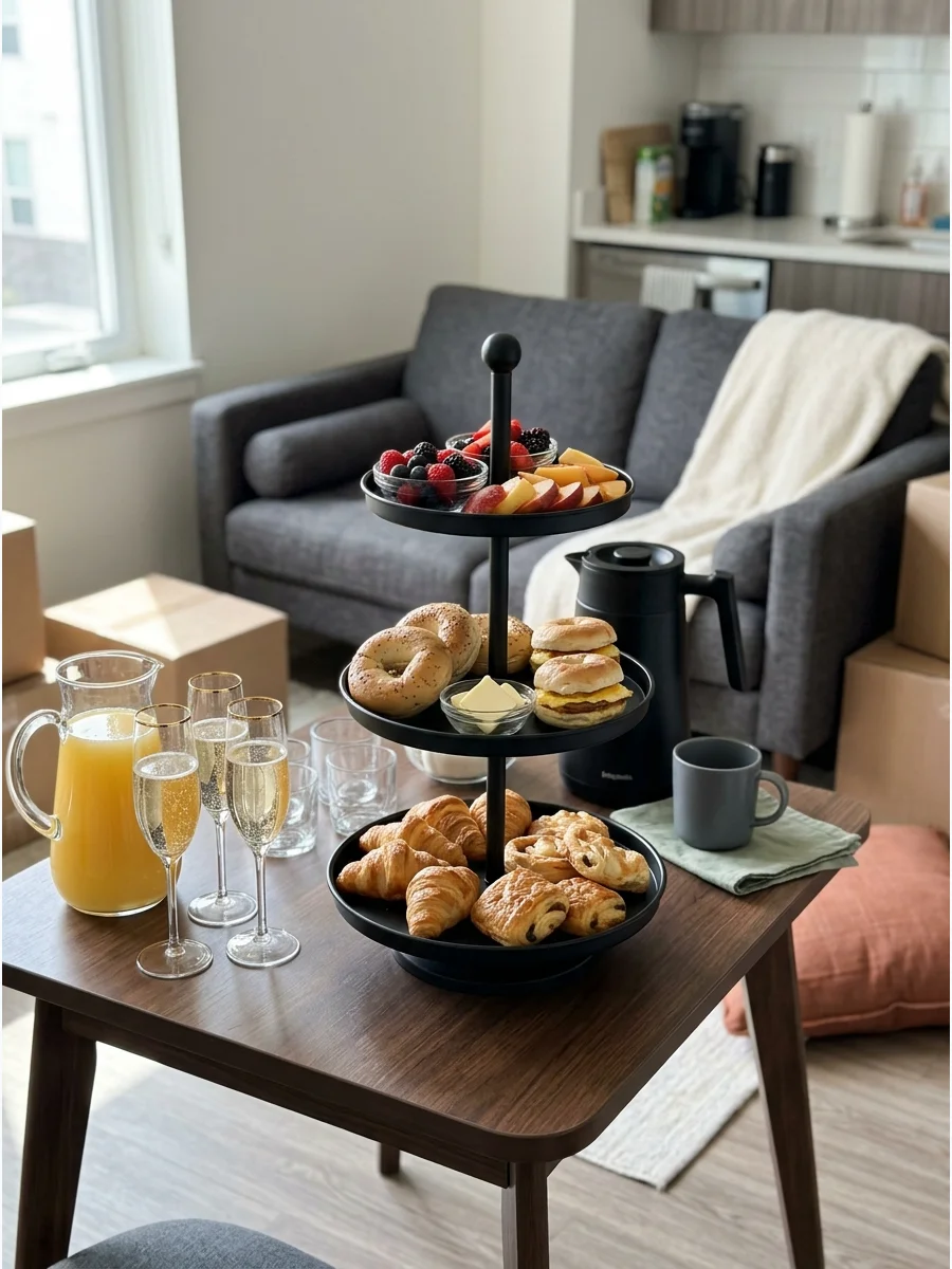 A brunch setup with bagels and coffee on a small table.
