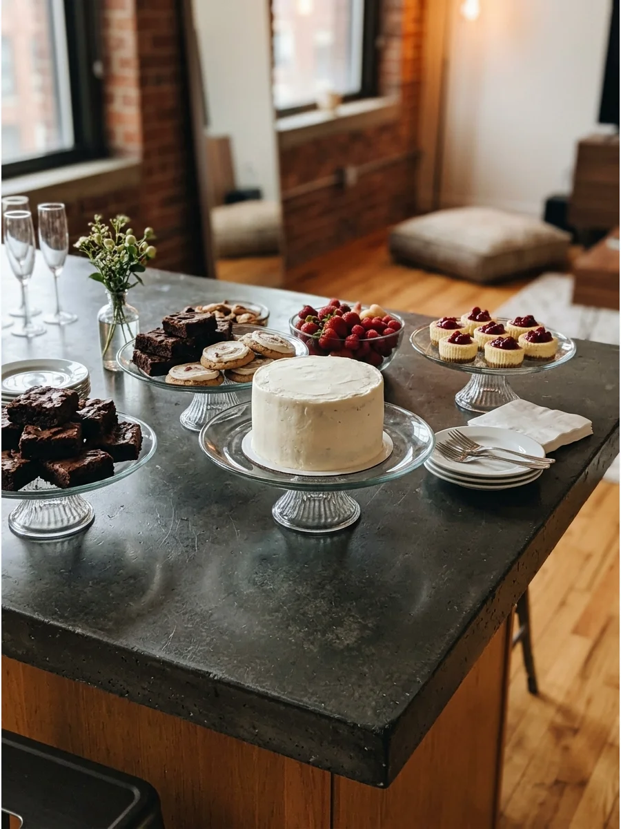 A dessert display with a small cake and brownies in a loft.