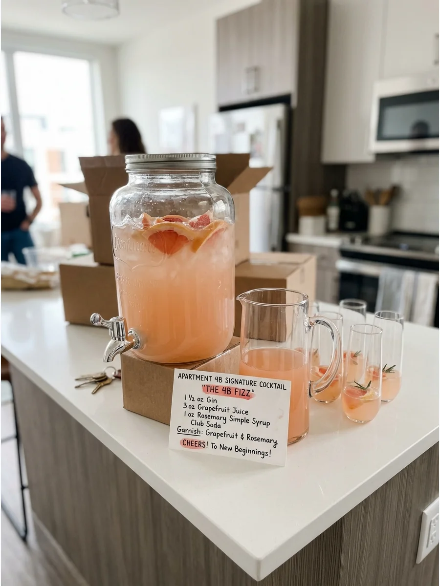 A signature cocktail in a glass dispenser on a kitchen island.