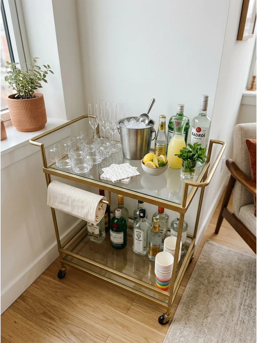 A gold bar cart stocked with glasses and ice in a condo.
