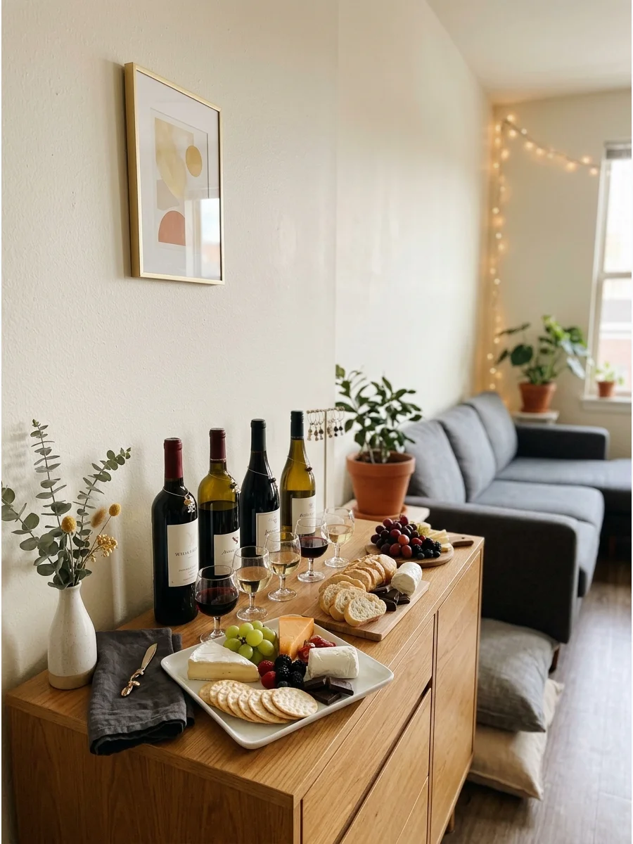 Wine bottles and tasting glasses on a wooden sideboard.