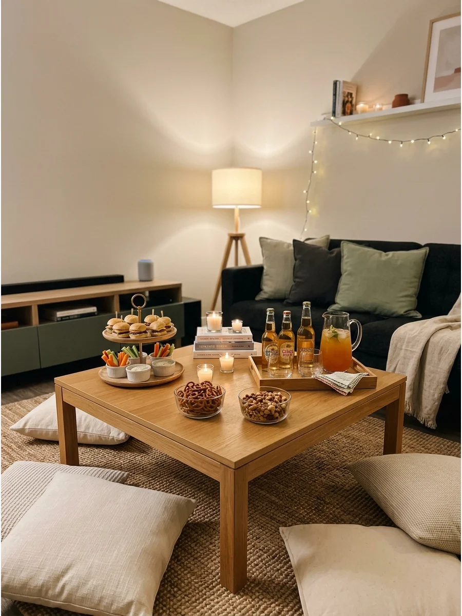 A cozy living room setup with floor cushions and snacks on a low table.