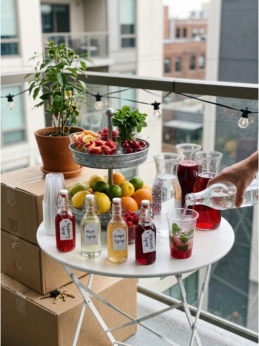 A mocktail station with syrups and herbs on an apartment balcony.