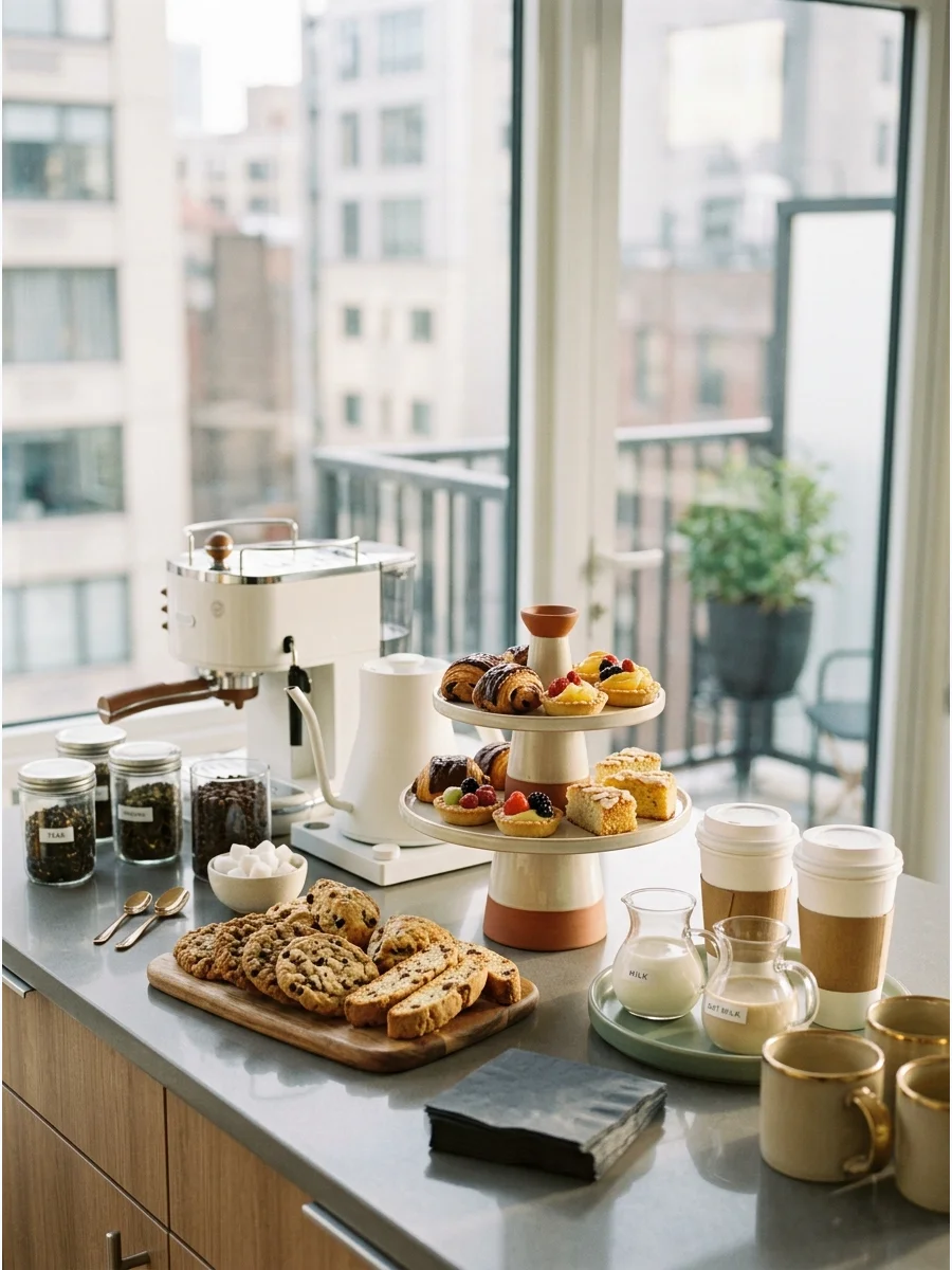 A coffee and dessert station set up on a white kitchen island.